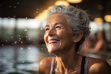 An old happy man smiles and is engaged in health. A cheerful pensioner on vacation. An adult woman swims in the pool, group fitness training in the water.
