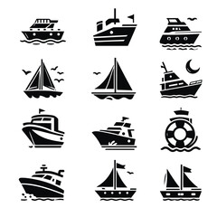 black Boat icons set on white background