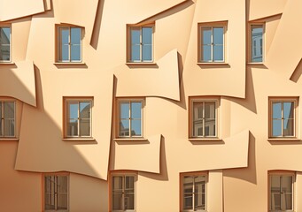 several windows in an imaginary building that appear to be crooked, flat backgrounds, viennese actionism, beige, low resolution, playing with light and shadow, witty and clever cartoons, focus