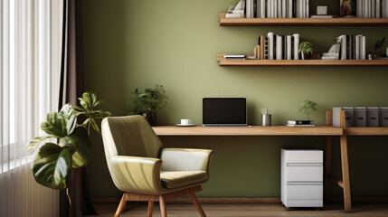 Cozy Modern Home Office with Sleek Desk and Leather Armchair