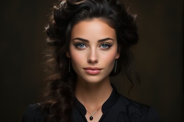 Fototapeta premium Portrait of a woman looking into the camera with a piercing look in a black shirt on a black background.
