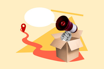 Collage of black white colors arm hold loudspeaker toa inside carton box dialogue bubble...