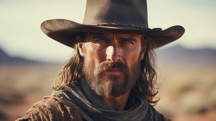 Old Wester outlaw looks over the plains in Cinematic Western Scene