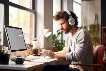 male designer in headphones works in home office drawing on graphic tablet - obrazy, fototapety, plakaty