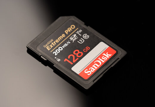 Illustrative editorial of SanDisk Extreme Pro memory card. SanDisk is a company engaged in the development and production of flash memory-based storage media. KHARKIV, UKRAINE - October 30, 2023.