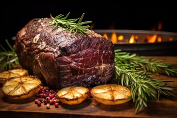 close-up of a dark-crusted beef roast with whole garlic bulbs and fresh rosemary