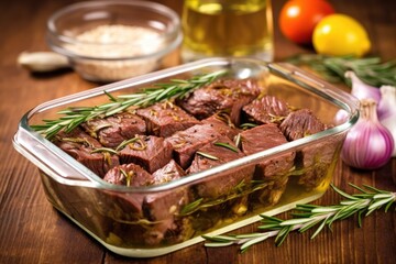 beef roast in a glass baking dish, garnished with rosemary