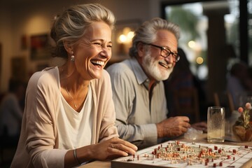 Fototapeta premium Family couple elderly people pensioners are happy. Old people play in a nursing home together, socializing in old age.