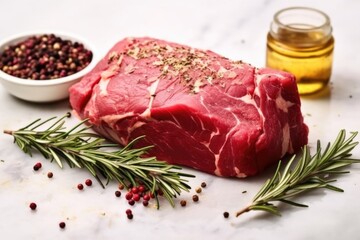 uncooked beef roast with garlic cloves and rosemary sprigs on a marble tabletop