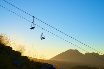 Silhouette of a chairlift in Candanchu, Pyrenees.