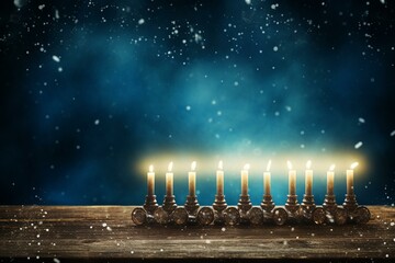 Abstract Hanukkah background - menorah with dust on table. Generative AI