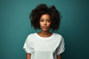 Portrait of a curly-haired woman in a white T-shirt looking at the camera does not smile.