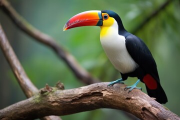 a toucan resting on a branch in a tropical forest
