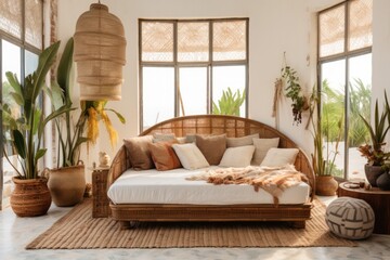 luxury boho hotel room interior by the beach with jute rug, lamp, sofa with pillows and green plants