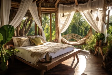 Fototapeta na wymiar eco boho hotel bedroom bungalow interior on tropical island boutique resort