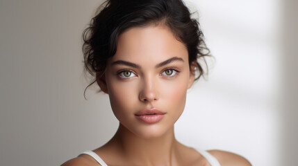Naklejka premium Young beautiful woman with healthy skin and natural makeup on background. Natural beauty concept, studio photo.
