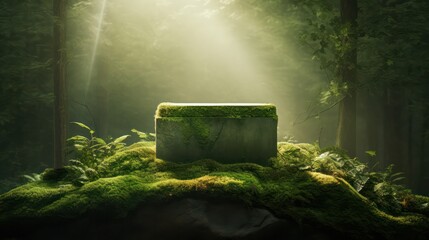 green moss podium with sunlight in the forest 3d rendering for product photography, natural cosmetics showcase - obrazy, fototapety, plakaty