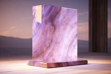 purple flourite mineral natural stone slab podium 3d rendering. Pedestal set design for product and cosmetics photography. - obrazy, fototapety, plakaty