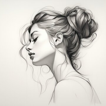 Beautiful Young Girl Female Profile Silhouette With Bun Hairstyle Black Ink Sketch Drawing