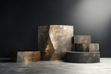 pyrite mineral natural stone slabs podium 3d rendering. Pedestal set design for product and cosmetics photography. - obrazy, fototapety, plakaty