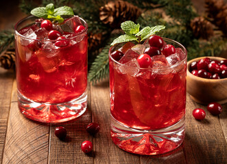 Cranberry cocktail with fresh cranberries and mint
