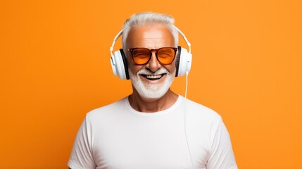 senior man in headphones and white t-shirt laughing, listening to music on orange background. Audio and sound store banner.
