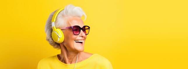 senior woman in sunglasses and headset laughing, dancing in headphones listening to music yellow background banner copy space right