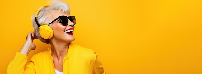 senior woman in sunglasses and headset laughing, dancing in headphones listening to music yellow background banner copy space right