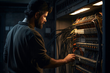 Fototapeta na wymiar Man, an electrical technician working in a switchboard with fuses