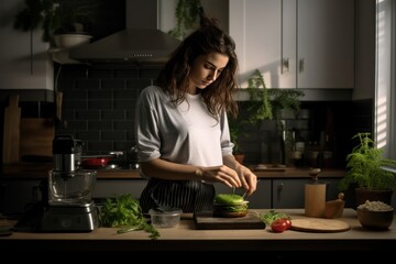 Obraz na płótnie Canvas young woman cooking vegan burger in trendy kitchen