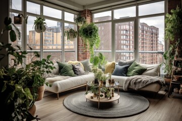 Big new veranda or balcony of apartment with bright green plants.