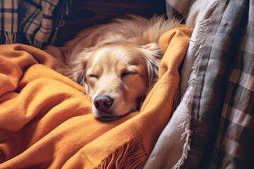 Obraz premium Portrait of a large dog basking in a warm blanket at home in the heat.