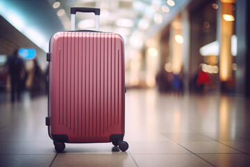 pink travel suitcase at airport blurry background