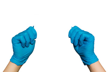 Male doctor in protective latex blue nitrile medical gloves holding blank card. Empty white certificate mock-up. PNG, Isolated on transparent background. - obrazy, fototapety, plakaty