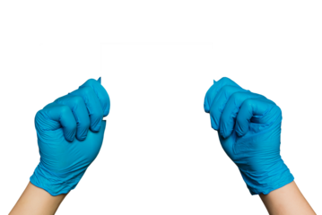 Male doctor in protective latex blue nitrile medical gloves holding blank card. Empty white certificate mock-up. PNG, Isolated on transparent background.