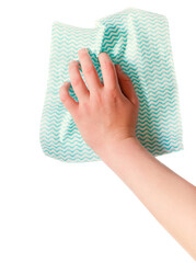Hand holds a white blue rag and wipes the surface of a table, wall or floor in the kitchen, bathroom or other room. Top down view. PNG, isolated on transparent background. Advertising of cleaning 