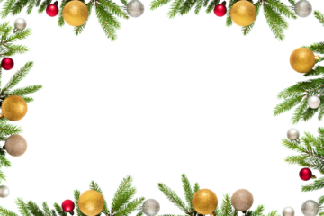 Christmas tree branches with red, gold and silver balls in PNG isolated on transparent background, frame