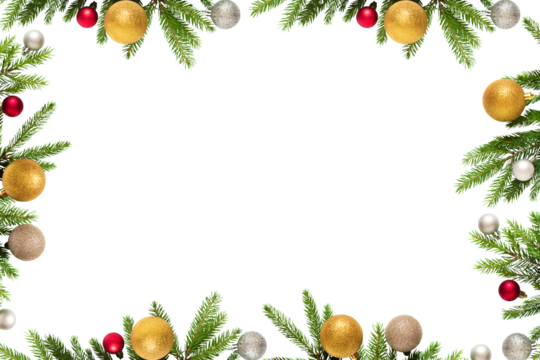 Christmas tree branches with red, gold and silver balls in PNG isolated on transparent background, frame