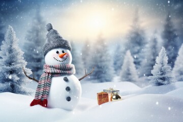 Snowman with gift box on winter background.