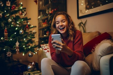 Happy young woman using mobile phone at home on christmas eve.