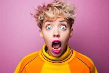 Portrait of a surprised young woman in bright clothes on a pink background