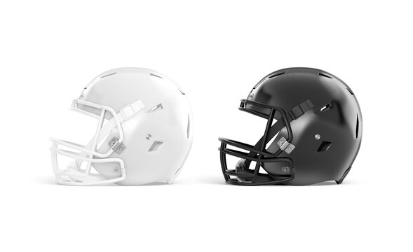 Blank black and white american football helmet mockup, profile view