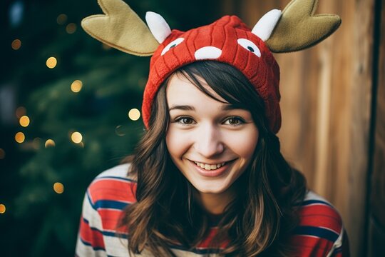 Beautiful young woman in christmas hat and reindeer horns