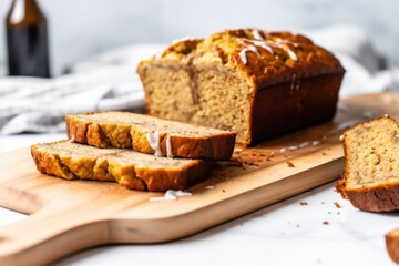 banana bread loaf cut into slices on a board