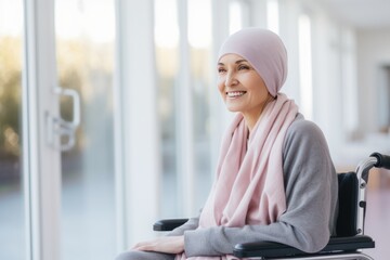 Middle-aged woman with cancer wearing head scarf sits in a wheelchair in a hospital.
