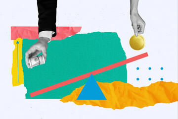 Artwork collage image of black white effect arms hold dollar bills coin scales weighing isolated on creative background