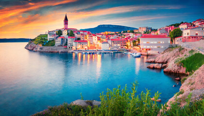 breathtaking evening cityscape of vrbnik town dramatic summer seascape of adriatic sea krk island croatia europe beautiful world of mediterranean countries traveling concept background - obrazy, fototapety, plakaty