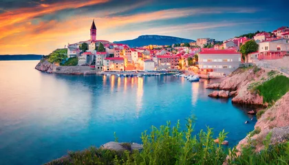 Poster breathtaking evening cityscape of vrbnik town dramatic summer seascape of adriatic sea krk island croatia europe beautiful world of mediterranean countries traveling concept background © Nichole