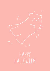 Halloween vector Illustration with cute ghost cat. Cute cat on pink background. Vector print for greeting card, poster, invitation or other printable designs.