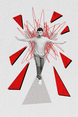 Vertical collage image of impressed black white effect guy worried walking balancing drawing mess...